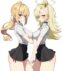  2girls ;o absurdres alternate_costume black_choker black_skirt blonde_hair breast_press bright_pupils choker closed_mouth collared_shirt contrapposto covered_nipples cowboy_shot crossed_arms earrings from_side frown green_eyes hair_bun hair_ornament hand_on_another&#039;s_thigh high-waist_skirt highres jewelry long_hair looking_at_viewer luciana_de_montefio miniskirt multiple_girls no_bra one_eye_closed panties parted_lips piper_wheel pleated_skirt red_eyes second-party_source shirt shirt_tucked_in short_sleeves side-tie_panties side-tie_peek side_ponytail sidelocks simple_background skirt standing stud_earrings symmetrical_docking thick_eyebrows thighs underwear v-shaped_eyebrows w.k white_background white_shirt zenless_zone_zero 