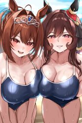  2girls animal_ears blush breast_press breasts brown_hair cleavage commentary_request daiwa_scarlet_(umamusume) gentildonna_(umamusume) grin highres horse_ears horse_girl large_breasts long_hair looking_at_viewer multiple_girls oerba_yun_fang one-piece_swimsuit red_eyes sg_(esujii) skin_fang smile swimsuit symmetrical_docking tiara umamusume wet 