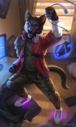  anthro clothing computer_mouse detailed_background electronics felid feline footwear gaming_chair glowing headphones hi_res inside keyboard lostgoose male mammal open_mouth purple_eyes shoes sneakers solo 