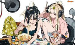  2girls absurdres bare_legs black_hair blonde_hair breasts brown_eyes chopsticks cleavage cup_ramen eating hair_rollers headphones highres holding holding_chopsticks long_hair microphone multicolored_hair multiple_girls original red_nails simple_background sitting table tizibade two-tone_hair weibo_watermark white_background 