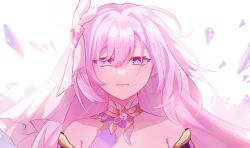  bare_shoulders chinese_commentary commentary_request elysia_(herrscher_of_human:_ego)_(honkai_impact) elysia_(honkai_impact) faber_fubei female hair_between_eyes hair_ornament highres honkai_(series) honkai_impact_3rd long_hair looking_at_viewer pink_hair portrait purple_eyes simple_background smile solo very_long_hair white_background 