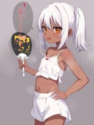  absurdres blush camisole commentary_request dark-skinned_female dark_skin female flat_chest hand_fan highres nattocurryumeee navel one_side_up original sidelocks simple_background skirt solo speech_bubble sweat tan white_camisole white_hair white_skirt yellow_eyes 