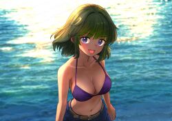  :d bare_shoulders belt bikini blue_pants breasts brown_belt cleavage collarbone dark-skinned_female dark_skin female green_hair highres idolmaster idolmaster_cinderella_girls large_breasts looking_at_viewer midriff natalia_(idolmaster) navel ocean oekaki_ojiisan pants purple_bikini purple_eyes short_hair smile solo swimsuit 