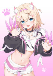  :3 :d absurdres akazawa_kureha animal_collar animal_ear_fluff animal_ears bandaid bandaid_hair_ornament belt belt_collar black_collar black_jacket blonde_hair blue_eyes blush breasts claw_(weapon) claw_pose collar commentary contrapposto crop_top cropped_jacket cropped_shirt crossed_bangs dog_ears dog_girl dog_tail double-parted_bangs fake_horns female frilled_shorts frills fur-trimmed_jacket fur_trim gradient_background hair_between_eyes hair_intakes hair_ornament hairband hands_up headphones headphones_around_neck highres hololive hololive_english horns jacket looking_at_viewer midriff mococo_abyssgard mococo_abyssgard_(1st_costume) multicolored_hair nail_polish navel oerba_yun_fang open_mouth pink_background pink_belt pink_hair pink_hairband shirt short_hair short_shorts shorts small_breasts smile solo spiked_collar spikes standing streaked_hair tail two_side_up virtual_youtuber weapon white_background white_shirt white_shorts x_hair_ornament 