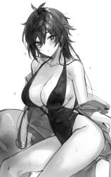  absurdres bare_shoulders blush breasts cleavage earrings female genderswap_(mtf) genshin_impact greyscale hair_between_eyes highres jewelry large_breasts long_hair looking_at_viewer monochrome mup534 off_shoulder one-piece_swimsuit open_clothes parted_lips rule_63 simple_background single_earring solo swimsuit wet wet_hair zhongli_(genshin_impact) 