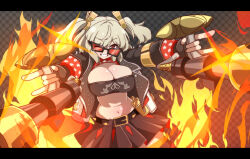  black_jacket black_skirt blonde_hair breasts burnice_white cleavage crop_top dual_wielding female fire flamethrower gloves highres holding holding_weapon jacket large_breasts looking_at_viewer one_eye_closed open_mouth red_eyes short_hair skirt smile solo sunglasses thighhighs two_side_up weapon zenless_zone_zero zuyosh 