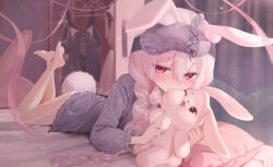  animal_ears barefoot binbin_(vtuber) braid commentary_request commission female frilled_shirt_collar frills grey_hair grey_shirt hair_between_eyes indie_virtual_youtuber long_hair looking_at_viewer lying no_pants on_bed on_stomach pillow purple_eyes rabbit-shaped_pupils rabbit_ears rabbit_girl rabbit_tail rryiup shirt signature single_braid solo stuffed_animal stuffed_rabbit stuffed_toy symbol-shaped_pupils tail the_pose very_long_hair virtual_youtuber 