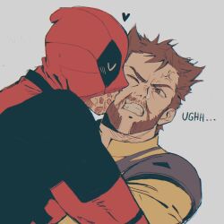  2boys anger_vein animification beard blush bodysuit brown_hair clenched_teeth deadpool deadpool_&amp;_wolverine deadpool_(series) facial_hair hashtag-only_commentary heart highres kissing kissing_cheek looking_at_another male_focus marvel marvel_cinematic_universe mask mask_lift millanyy multiple_boys one_eye_closed red_bodysuit red_mask scar superhero_costume teeth two-tone_bodysuit wolverine_(x-men) x-men yaoi yellow_bodysuit 