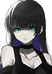  absurdres barbell_piercing black_choker black_dress black_hair bocchi_the_rock! breasts choker cleavage closed_mouth clothing_cutout collarbone colored_inner_hair commentary dress ear_piercing earclip female green_eyes highres industrial_piercing labret_piercing large_breasts long_hair looking_at_viewer multicolored_hair pa-san piercing purple_hair shoulder_cutout simple_background solo upper_body white_background yozakurayuyu 