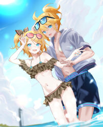  absurdres adjusting_eyewear ahoge aqua_nails arm_scrunchie bikini black_male_swimwear blonde_hair blue-tinted_eyewear blue_eyes blue_sky blurry blurry_background bow breasts brown_bikini brown_bow cloud dark-skinned_male dark_skin dutch_angle eyewear_on_head frilled_bikini frills grey_hoodie hair_ornament hairbow hairclip high_ponytail highres hood hood_down hoodie kagamine_len kagamine_rin lighthouse looking_at_viewer male_swimwear medium_hair midriff narrow_waist navel ocean open_mouth pale_skin pink-tinted_eyewear side_ponytail skinny sky small_breasts smile soaking_feet splashing sun sunglasses swept_bangs swim_trunks swimsuit tan tinted_eyewear toned toned_male v vocaloid w water_drop yukihane_(snowowl515) 