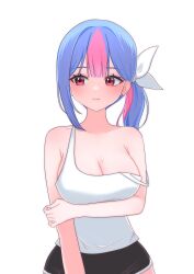  absurdres arm_under_breasts armpit_crease artist_request bare_arms bare_shoulders bing_hayu black_shorts blue_hair breasts camisole cleavage closed_mouth cowboy_shot dolphin_shorts earrings female hair_ribbon highres jewelry large_breasts looking_to_the_side luvdia mole mole_on_breast mole_under_eye multicolored_hair pink_hair red_eyes ribbon second-party_source shirt short_shorts shorts side_ponytail simple_background sleeveless sleeveless_shirt solo standing strap_slip stud_earrings two-tone_hair virtual_youtuber white_background white_shirt 