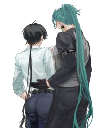  2boys absurdly_long_hair arm_around_back arm_belt ass belt black_belt black_gloves black_hair black_pants blue_pants earrings from_behind gloves green_hair highres jewelry jiyan_(wuthering_waves) long_hair long_sleeves male_focus male_rover_(wuthering_waves) multicolored_clothes multicolored_shirt multiple_boys pants piercing ponytail rover_(wuthering_waves) shirt short_hair_with_long_locks side-by-side simple_background sleeve_cuffs standing tassel tassel_earrings very_long_hair white_background white_shirt windelila wuthering_waves 