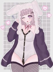  animal_ears breasts brown_hair cleavage danganronpa_(series) danganronpa_2:_goodbye_despair detached_collar fake_animal_ears female fishnet_thighhighs fishnets flipped_hair galaga hair_ornament hood jacket large_breasts long_sleeves looking_at_viewer medium_hair mole mole_on_breast nanami_chiaki neck_ribbon official_alternate_costume open_clothes open_jacket pink_eyes pink_ribbon playboy_bunny rabbit_ears ribbon solo spaceship_hair_ornament thighhighs 