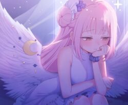  angel_wings bare_shoulders blue_archive blush breasts closed_mouth commentary_request curtains dress feathered_wings female flower frilled_dress frills hair_bun hair_flower hair_ornament head_rest highres long_hair medium_breasts mika_(blue_archive) mitorizu_02 orange_eyes pink_hair purple_flower scrunchie single_side_bun sleeveless sleeveless_dress solo sparkle white_dress wing_ornament wings wrist_scrunchie 