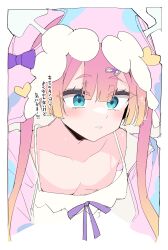  absurdres blonde_hair blue_eyes blush breasts character_request collarbone commentary_request female gradient_hair highres himiya_jouzu hood long_hair medium_breasts monster_strike multicolored_hair pink_hair solo translation_request 