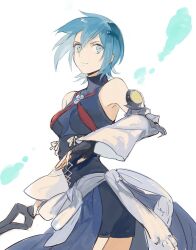  aqua_(kingdom_hearts) arm_armor bike_shorts black_corset black_gloves blue_eyes blue_hair blue_shirt breasts buun_ko chest_strap corset detached_sleeves female fingerless_gloves gloves holding holding_weapon keyblade kingdom_hearts kingdom_hearts_birth_by_sleep light_smile looking_back ribbon shirt sleeveless sleeveless_shirt solo third-party_source turtleneck turtleneck_shirt upper_body waist_cape weapon white_background white_ribbon wide_sleeves 