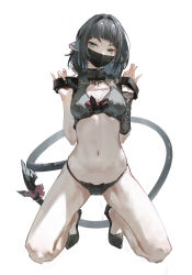  animal_ears aqua_eyes bare_legs black_bra black_footwear black_hair black_panties blue_eyes bow bow_bra bow_panties bra breasts cleavage covered_nipples cuffs dino_(dinoartforame) female handcuffs high_heels highres holding holding_handcuffs jane_doe_(zenless_zone_zero) kneeling looking_at_viewer mask medium_breasts mouse_ears mouse_girl mouse_tail mouth_mask navel panties seiza shoes short_hair simple_background sitting solo stomach tail underwear underwear_only white_background zenless_zone_zero 