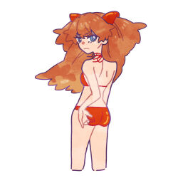  ass bare_back bikini blue_eyes brown_hair bunnyhuman closed_mouth cropped_legs eyelashes female from_behind highres long_hair looking_at_viewer looking_back neon_genesis_evangelion orange_bikini simple_background solo souryuu_asuka_langley swimsuit very_long_hair white_background 