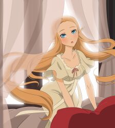  arechan blonde_hair blue_eyes collarbone commentary dress english_commentary female hyrule_warriors long_hair looking_at_viewer nightgown on_bed open_mouth pillow pointy_ears princess_zelda solo the_legend_of_zelda white_dress 