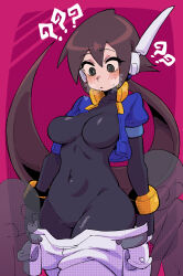  ? ?? absurdres aile_(mega_man_zx) black_bodysuit black_eyes blush bodysuit bodysuit_under_clothes breasts breath brown_hair buzzlyears clothes_pull commentary cowboy_shot cropped_jacket female highres jacket jacket_pull large_breasts long_hair mega_man_(series) mega_man_zx mega_man_zx_advent open_clothes open_jacket pink_background ponytail robot_ears shorts shorts_pull simple_background solo_focus tears white_shorts 