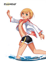  1boy :d alternate_hair_color ass black_shorts closers copyright_name cowboy_shot eyelashes from_side green_eyes highres jacket logo male_focus mistilteinn_(closers) official_art orange_hair otoko_no_ko running short_hair short_shorts shorts simple_background skinny smile solo tan teeth upper_teeth_only variant_set wading water wavy_hair white_background white_jacket 