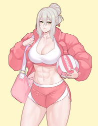  abs alternate_costume bag duffel_bag effie_(fire_emblem) female fire_emblem fire_emblem_fates green_eyes grey_hair hair_bun jacket meziosaur navel pink_jacket pink_shorts shorts sidelocks sports_bra two-tone_shorts volleyball white_shorts 