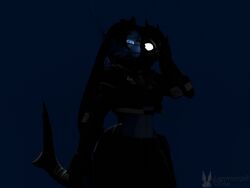  4:3 anthro black_body black_clothing black_fur black_hair blender_(artwork) blender_cycles blue_background blue_body blue_eyes blue_fur clothing digital_media_(artwork) domi_(domibun) female fish fur glowing glowing_eyes gun hair handgun hybrid katana lagomorph lagomorph_dude leporid looking_at_viewer mammal marine mask melee_weapon rabbit ranged_weapon revolver scar shark shark_tail simple_background solo sword warfare_machine watermark weapon 