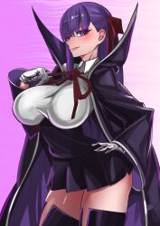  absurdres bb_(fate) bb_(fate/extra) black_coat black_skirt black_thighhighs blush breasts coat collared_shirt fate/extra fate/extra_ccc fate_(series) female fukou gloves grin hair_ribbon high-waist_skirt highres large_breasts long_hair long_sleeves looking_at_viewer neck_ribbon open_clothes open_coat popped_collar purple_eyes purple_hair red_ribbon ribbon shirt skirt smile solo thighhighs thighs very_long_hair white_gloves white_shirt wide_sleeves 