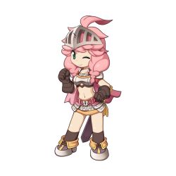  ahoge armor armored_boots armored_skirt belt black_gloves black_socks boobplate boots chibi chibi_only closed_mouth female full_body gloves green_eyes long_hair looking_at_viewer midriff navel official_art one_eye_closed pauldrons pink_belt pink_hair ragnarok_online rune_(ragnarok_online) shoulder_armor simple_background smile socks solo standing transparent_background visor_(armor) yuichirou 