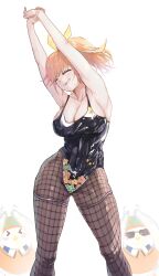  1980s_fashion absurdres armpits arms_up black_leotard breasts cleavage closed_eyes female fishnet_pantyhose fishnets harikyon_dzs highleg highleg_leotard highres hololive hololive_english kfp_employee_(takanashi_kiara) large_breasts leotard official_alternate_costume orange_hair pantyhose print_leotard shiny_clothes simple_background solo stretching takanashi_kiara takanashi_kiara_(fever_night) virtual_youtuber white_background 