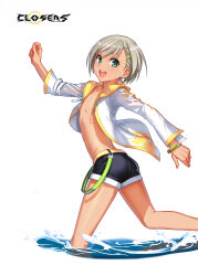  1boy :d ass black_shorts closers copyright_name cowboy_shot eyelashes from_side green_eyes highres jacket light_brown_hair logo male_focus mistilteinn_(closers) official_art otoko_no_ko running short_hair short_shorts shorts simple_background skinny smile solo tan teeth upper_teeth_only variant_set wading water wavy_hair white_background white_jacket 