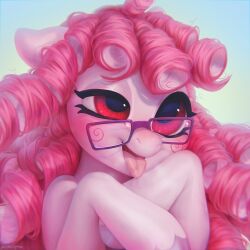  ahe_gao blush bodily_fluids cheek_markings equid equine eyeliner eyewear facial_markings female feral glasses gradient_background hair head_markings hi_res horse looking_pleasured lostgoose makeup mammal markings open_mouth pink_body pink_hair pony portrait rectangular_glasses red_eyes saliva simple_background solo tongue tongue_out 