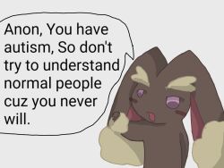  ambiguous_gender anonymous_artist anthro brown_body brown_fur chibi dogisaga english_text fur generation_4_pokemon humor kyung_and_friends lagomorph long_ears lopunny mammal nintendo open_mouth pokemon pokemon_(species) purple_eyes reaction_image simple_background solo speech_bubble text white_background 