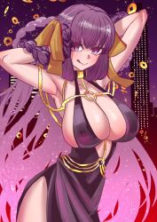  absurdres armpits arms_behind_head arms_up bare_shoulders bb_(fate) bb_dubai_(fate) belly_chain black_dress blush braid braided_hair_rings breasts center_opening cleavage dress fate/grand_order fate_(series) female fukou hair_ribbon hair_rings highres jewelry large_breasts licking_lips long_hair looking_at_viewer necklace purple_eyes purple_hair ribbon side_slit sideboob smile solo tongue tongue_out twin_braids very_long_hair yellow_ribbon 