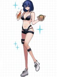  710_ao bare_legs bare_shoulders bikini black_bikini blue_eyes blue_hair breasts burger c.i.e.l_(fate) ciel_(tsukihime) cleavage covered_navel cup disposable_cup fate/grand_order fate_(series) female food grid_background highres holding holding_burger holding_cup holding_food medium_breasts shoes solo stomach swimsuit tsukihime white_background white_footwear 