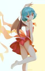  alternate_costume ascot ass back barefoot bat_wings blue_hair dress female frilled_panties frills from_behind hat hat_ribbon highres no_headwear panties red_dress red_eyes remilia_scarlet ribbon solo touhou underwear vrabius wings 