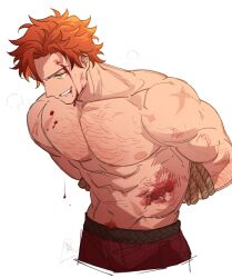  1boy absurdres arm_hair arms_behind_back blood blood_on_body blood_on_face bound bound_wrists chest_hair commentary cropped_legs dated dripping_blood english_commentary fire_emblem fire_emblem:_three_houses from_side grin groin highres injury male_focus male_pubic_hair navel nipples orange_hair pants pectorals pubic_hair puff_of_air red_pants restrained satodee scar scar_on_chest scar_on_shoulder short_hair sideways_mouth signature simple_background smile solo sylvain_jose_gautier teeth topless_male twitter_username wavy_hair white_background yellow_eyes 