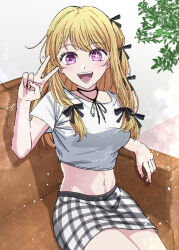  anju_(artist) black_ribbon blonde_hair blush breasts choker commentary_request crop_top female grey_skirt hair_ribbon highres hoshino_ruby long_hair looking_at_viewer medium_breasts midriff mismatched_pupils no_pupils one_side_up open_mouth oshi_no_ko pink_eyes plaid_clothes plaid_skirt ribbon ribbon_choker shirt skirt solo star-shaped_pupils star_(symbol) symbol-shaped_pupils teeth v white_shirt white_skirt 