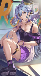  absurdres alternate_costume bare_shoulders belt belt_collar blue_hair breasts cleavage collar collarbone commentary crop_top cross cross_necklace ear_piercing eating female food food_in_mouth from_side green_eyes hair_between_eyes hair_ornament hair_over_one_eye hairclip halo head_wings highres honkai:_star_rail honkai_(series) jewel_under_eye jewelry kinokoneko knees_up large_breasts long_hair looking_at_viewer low_wings midriff multicolored_hair nail_polish necklace off-shoulder_shirt off_shoulder piercing pocky pocky_in_mouth purple_belt purple_footwear purple_hair purple_nails purple_shirt purple_skirt robin_(honkai:_star_rail) shirt sidelocks sitting skirt solo streaked_hair thigh_strap very_long_hair wings 