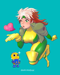  1other absurdres artist_name blowing_kiss blue_background bodysuit boots breasts brown_hair female gloves green_bodysuit green_eyes green_headband green_jacket headband heart highres jacket large_breasts long_hair marvel mega_man_(series) multicolored_hair one_eye_closed open_clothes open_jacket parted_lips quasimodox rogue_(x-men) servbot_(mega_man) simple_background sleeves_rolled_up sparkle superhero_costume two-tone_bodysuit two-tone_hair white_hair x-men yellow_bodysuit yellow_footwear yellow_gloves 