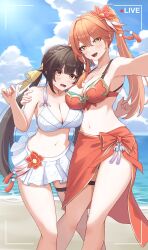  2girls absurdres alternate_costume armpits bare_legs bare_shoulders beach bikini bikini_skirt blue_sky blush breasts brown_hair cleavage cloud cloudy_sky collarbone commentary commentary_request flower guinaifen_(honkai:_star_rail) hair_flower hair_ornament hand_on_another&#039;s_arm highres honkai:_star_rail honkai_(series) large_breasts long_hair looking_at_viewer multiple_girls navel ocean open_mouth orange_bikini orange_hair orange_sarong recording sand sarong sky stomach summer sushang_(honkai:_star_rail) sweatdrop swimsuit taro_(peach_taro51) teeth thigh_strap thighs upper_teeth_only viewfinder white_bikini yellow_eyes 