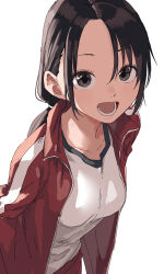  absurdres black_hair breasts commentary_request female gym_shirt highres jacket looking_at_viewer manemane_nichinichi medium_breasts nagisa_akane open_mouth red_jacket shirt short_hair simple_background solo track_jacket white_background yamamoto_souichirou 