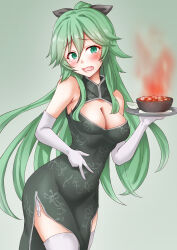  alternate_costume anti_(untea9) black_dress black_ribbon blush breasts chinese_spoon cleavage commentary_request dress elbow_gloves female food gloves gradient_background green_background green_hair hair_between_eyes hair_ornament hair_ribbon hairclip highres kantai_collection long_hair mapo_tofu medium_breasts ponytail ribbon solo spicy spoon thighhighs tofu white_gloves white_thighhighs yamakaze_(kancolle) 