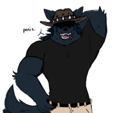  2024 anthro barazoku biceps big_muscles biped black_body black_clothing black_fur black_shirt black_topwear canid canine canis cigarette cigarette_in_mouth clothing fur hi_res jameyfox111 male mammal muscular muscular_anthro muscular_male object_in_mouth pecs shirt solo topwear wolf 