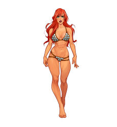  abs armor barefoot bikini bikini_armor breasts female full_body green_eyes highres long_hair looking_at_viewer medium_breasts navel olena_minko red_hair red_sonja red_sonja_(comics) simple_background solo standing swimsuit toned_female white_background 