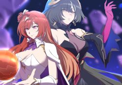  2girls absurdres bare_shoulders black_dress breasts commentary_request detached_sleeves dress entropy_(honkai_impact) female_dreamseeker_(honkai_impact) hand_up highres holding_planet honkai_(series) honkai_impact_3rd kame_(addlechicken) large_breasts long_hair multicolored_eyes multiple_girls one_side_up red_hair senadina_(honkai_impact) smile spoilers white_dress 