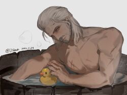  1boy bathing chinese_commentary collarbone commentary_request dated geralt_of_rivia highres male_focus medium_hair muscular muscular_male parted_lips partially_submerged rubber_duck scar scar_on_chest signature solo the_witcher_(series) the_witcher_3 vihua6 white_eyes white_hair wooden_bathtub 