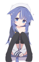  ? animal_ear_fluff animal_ears animal_hat ayanepuna beret black_jacket black_ribbon black_thighhighs blue_eyes blue_hair blue_tail blush cat_ears cat_girl cat_hat cat_tail cloak collarbone commentary fake_animal_ears female full_body hair_ornament hair_ribbon hairpin hat highres hood hood_down hooded_cloak jacket knees_up long_hair long_sleeves looking_at_viewer multicolored_hair nia_(ayanepuna) no_shoes off_shoulder original parted_lips ribbon sidelocks simple_background sitting sleeves_past_wrists solo streaked_hair tail thighhighs two-tone_hair white_background white_hair white_hat 