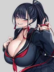  absurdres black_hair black_serafuku black_skirt breasts cleavage earrings female grey_eyes hand_on_own_chest highres huge_breasts hz_(666v) jewelry large_breasts leash long_hair long_sleeves looking_at_viewer mole mole_on_breast neckerchief original paid_reward_available pleated_skirt ponytail red_nails red_neckerchief sailor_collar school_uniform serafuku sharp_teeth skirt solo tassel tassel_earrings teeth 