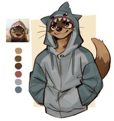  2024 anthro atkaso bared_fangs biped brown_body brown_eyes brown_fur clothing countershade_fur countershading fur hi_res hoodie male mammal mustelid otter shark_hoodie solo topwear 